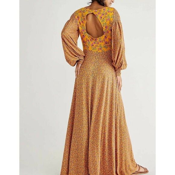 NWT FREE PEOPLE LOVE STORY MAXI DRESS MIXED FLORAL PRINT LONG SLEEVE GOLD - Picture 3 of 4